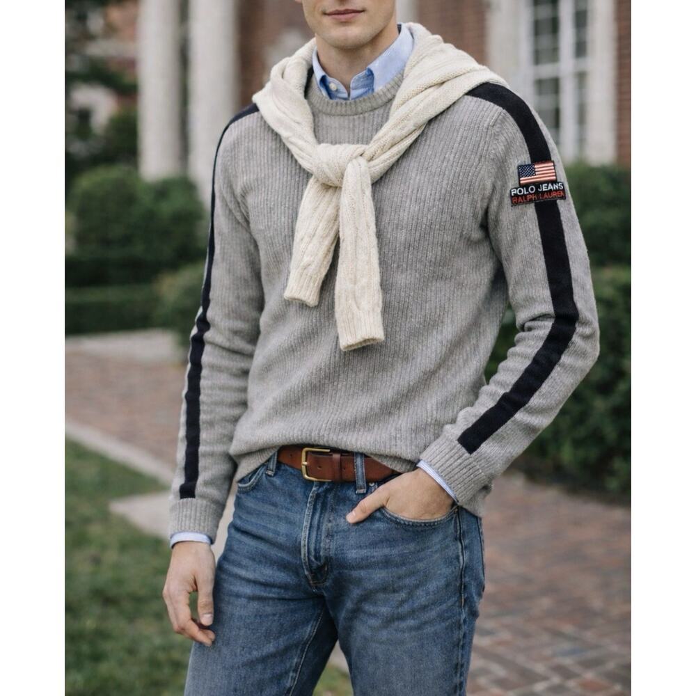 Vintage Rare Polo Jeans Co. Ralph Lauren Gray Ribbed-Knit Flag Logo